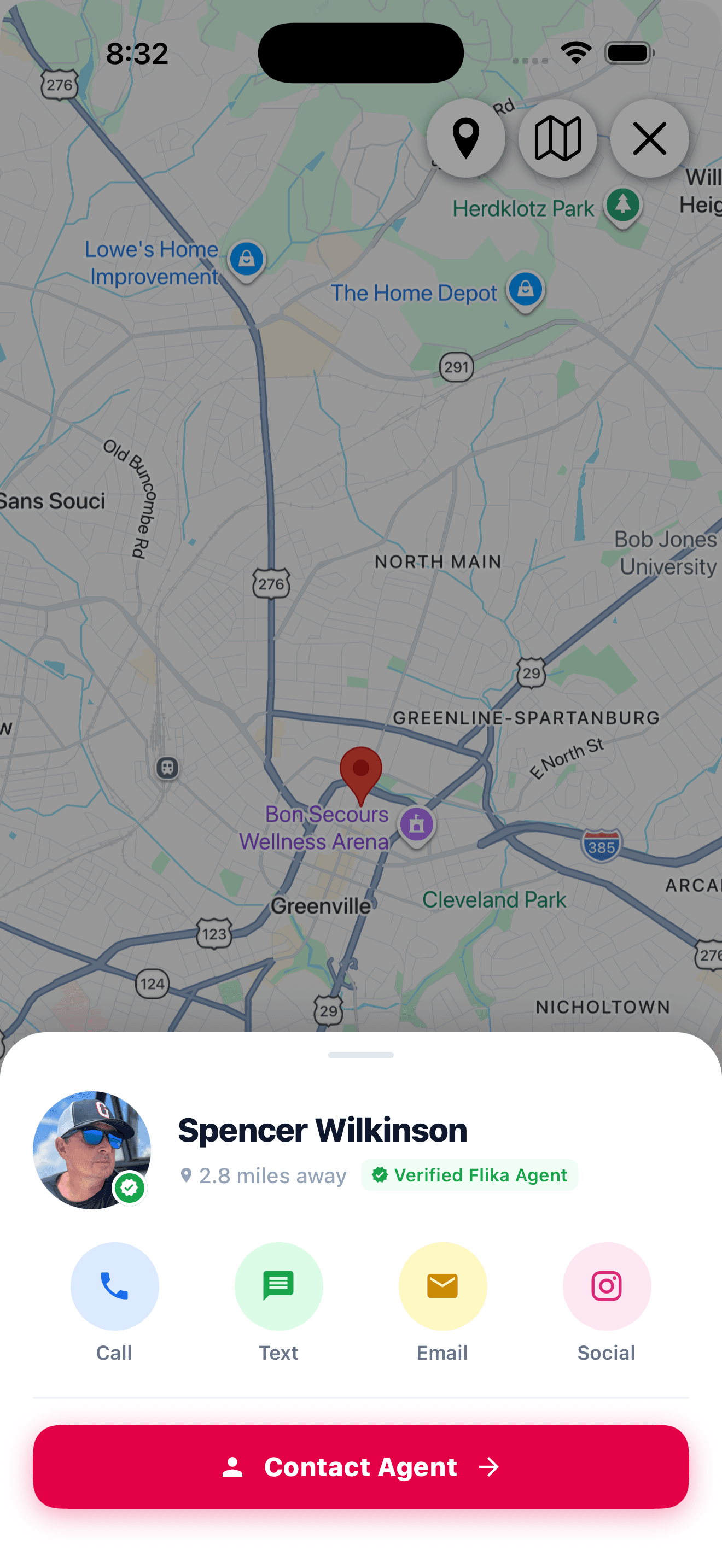 Flika app showing a verified local agent on the map
