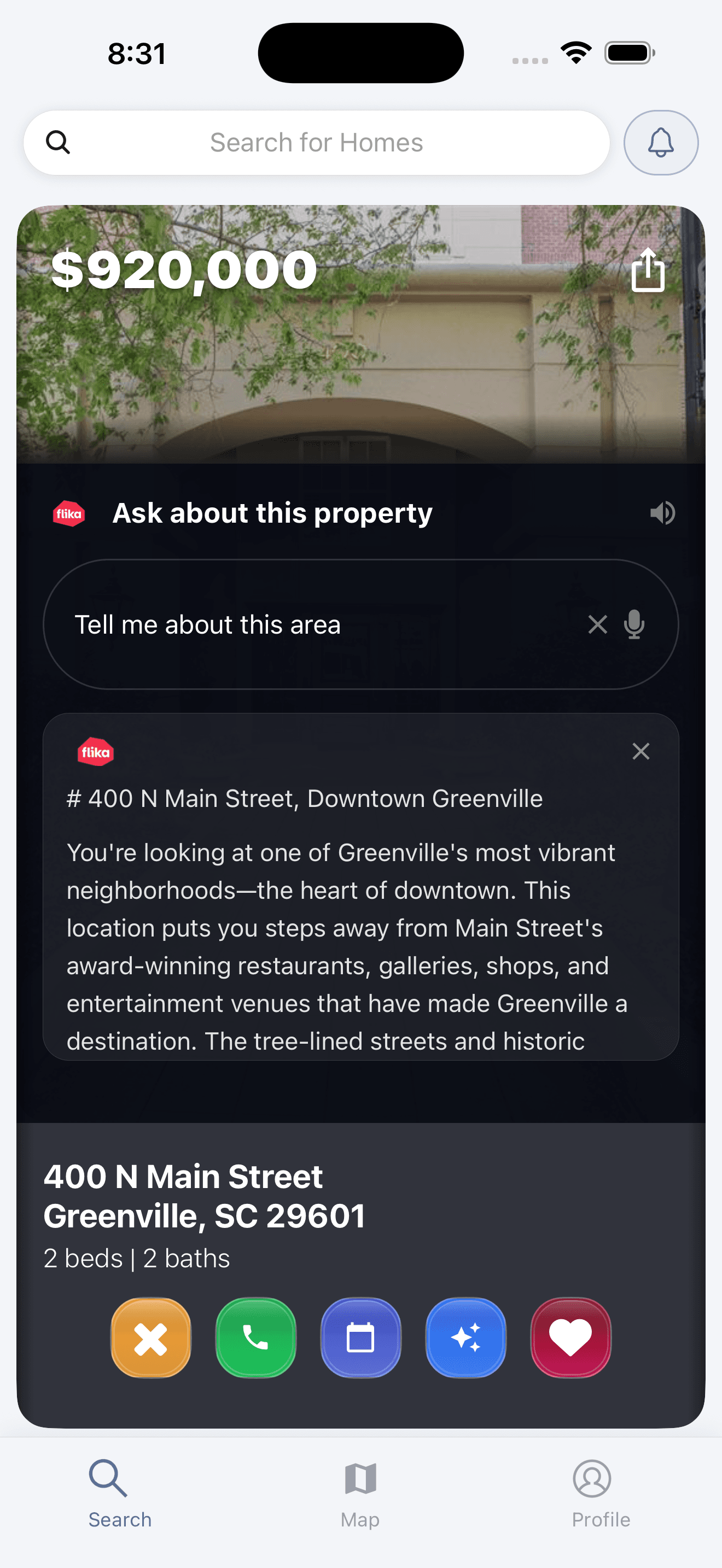 Flika app showing an AI conversation about a property in downtown Greenville